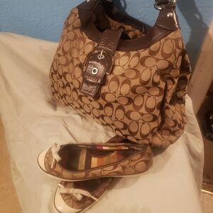 Coach Brown Signature Canvas Hobo Bag with Leather Trim